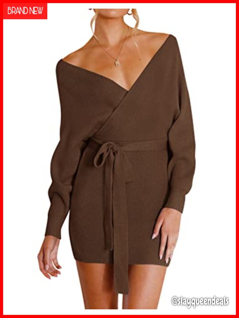 Batwing Sleeve Wrap V Neck Knit Sweater Dress Belted Mini